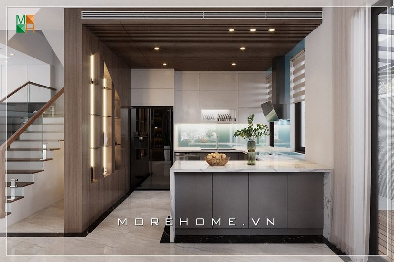 Trang trí nội thất phòng bếp biệt thự thêm phần sang trọng và sạch sẽ hơn với đá ốp bếp vân mây cao cấp